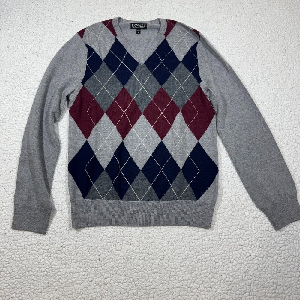 Express Mens Argyle V Neck Merino Wool Pullover Sweater Size M Preppy Stretch